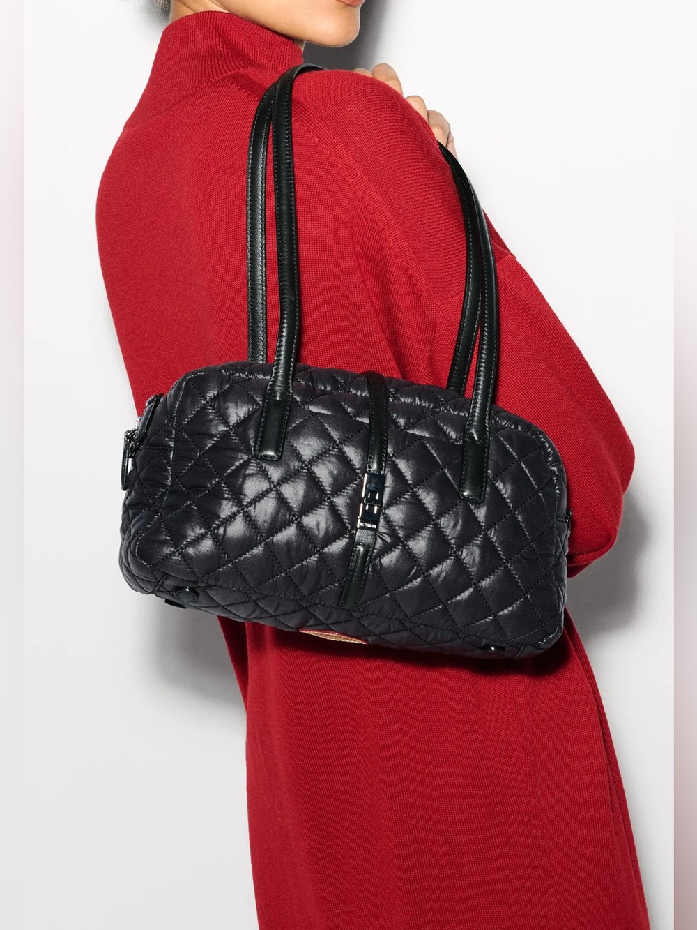 MZ Wallace Small Astor Quilted Satchel Black Shoulder Bag Italian Leather Accent